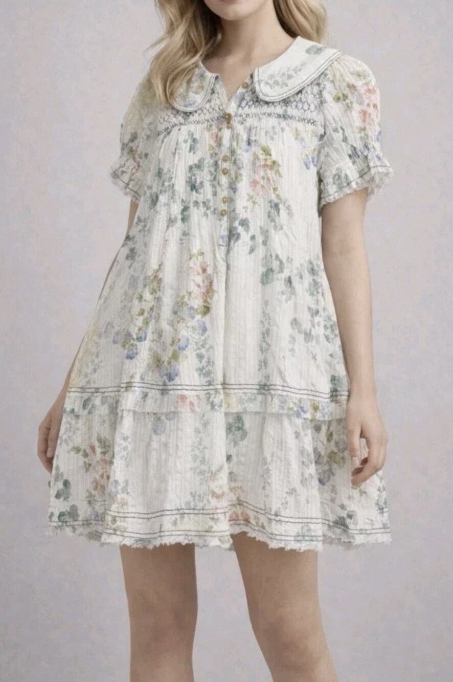 Anthropologie Pilcro Puff Sleeve Collared Babydoll Mini Dress Sz XL 100% Cotton